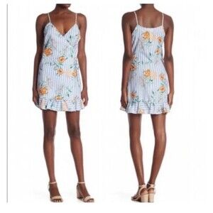 Everly Blue Floral and Stripes Ruffle Hem Wrap Dress